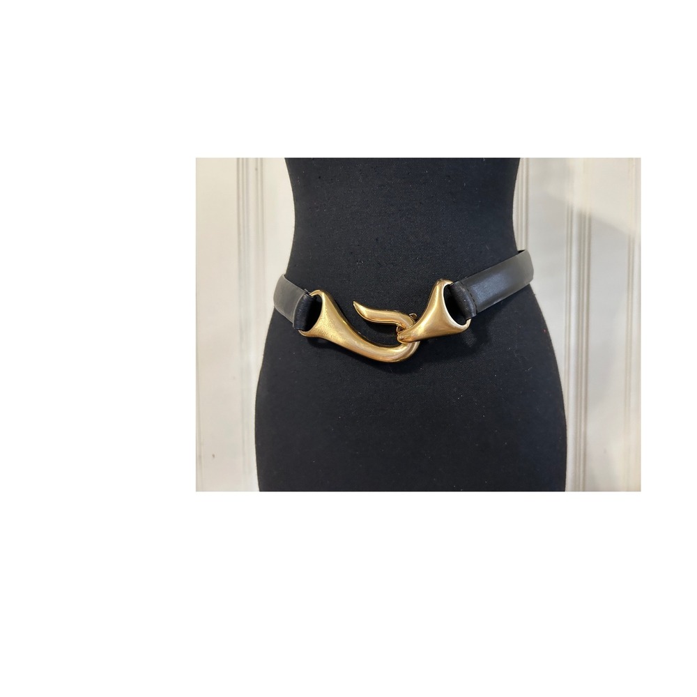 Chico's Black Adjustable Belt Gold Hook Buckle Size S/M Minimalist Classic Lux